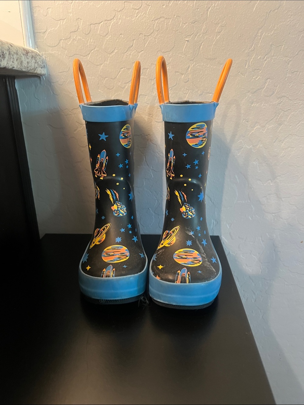Kids Space Rocket Rain & Snow Boots - Black with Blue and Orange